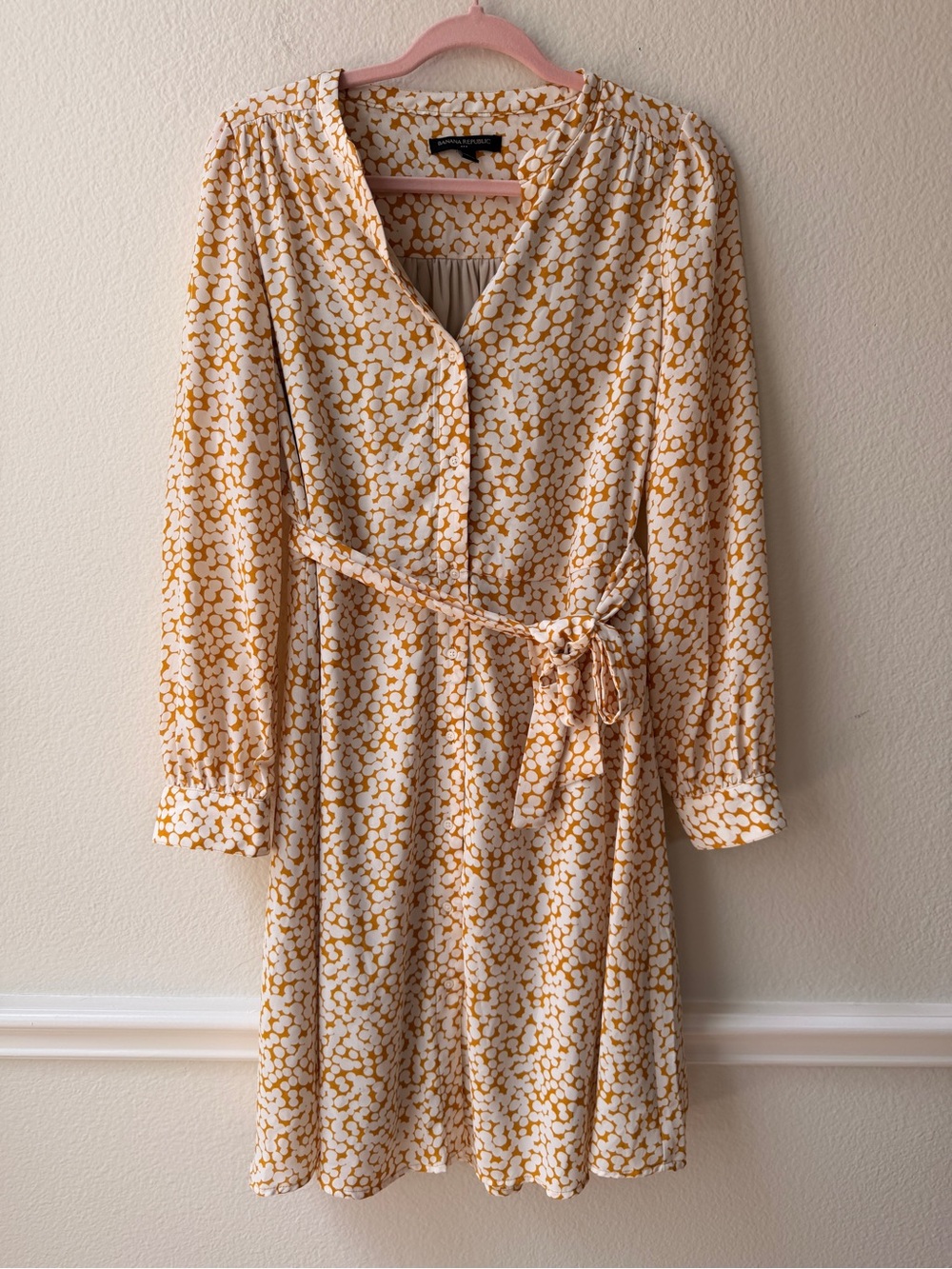 Banana Republic Tie Waist Shirt Dress Mustard White Abstract Print Size Small
